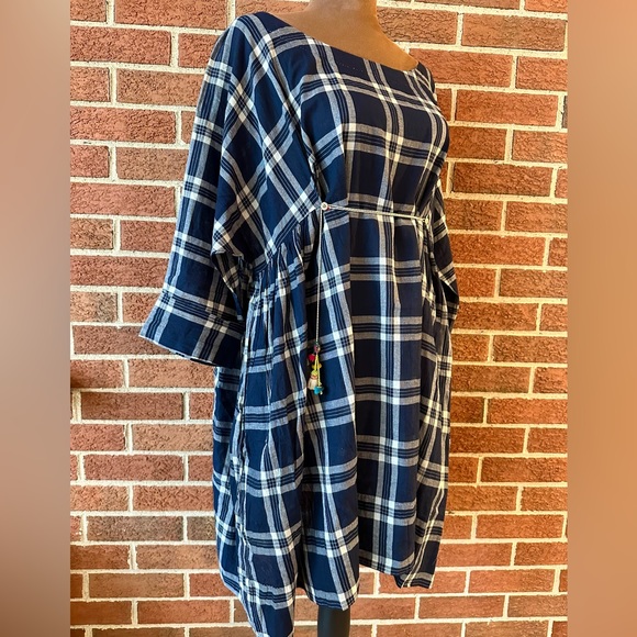 pero Plaid Shirt Dress, Navy White Tassels, Boat Neck, 3/4 Sleeve, 38 EU 6 US - Picture 2 of 12